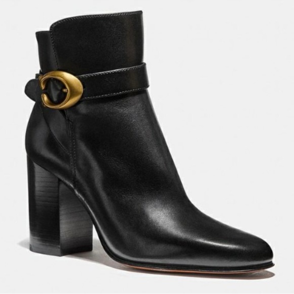 Coach Delaney zippered black bootie with gold hardware and block 3.5” heel - Picture 3 of 7